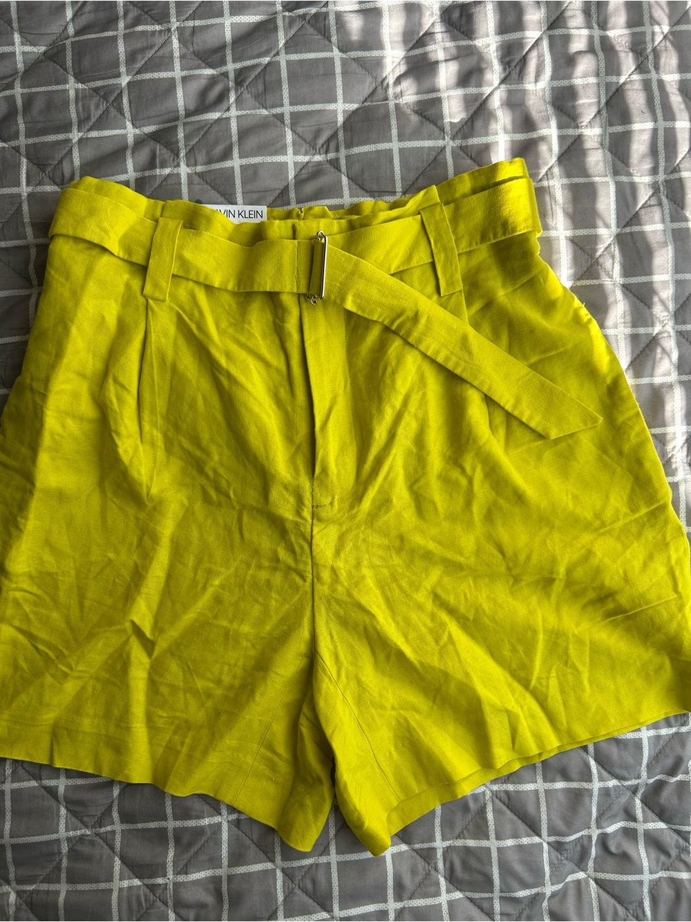 Calvin Klein Bright Yellow High-Waist Belted Women’s Shorts